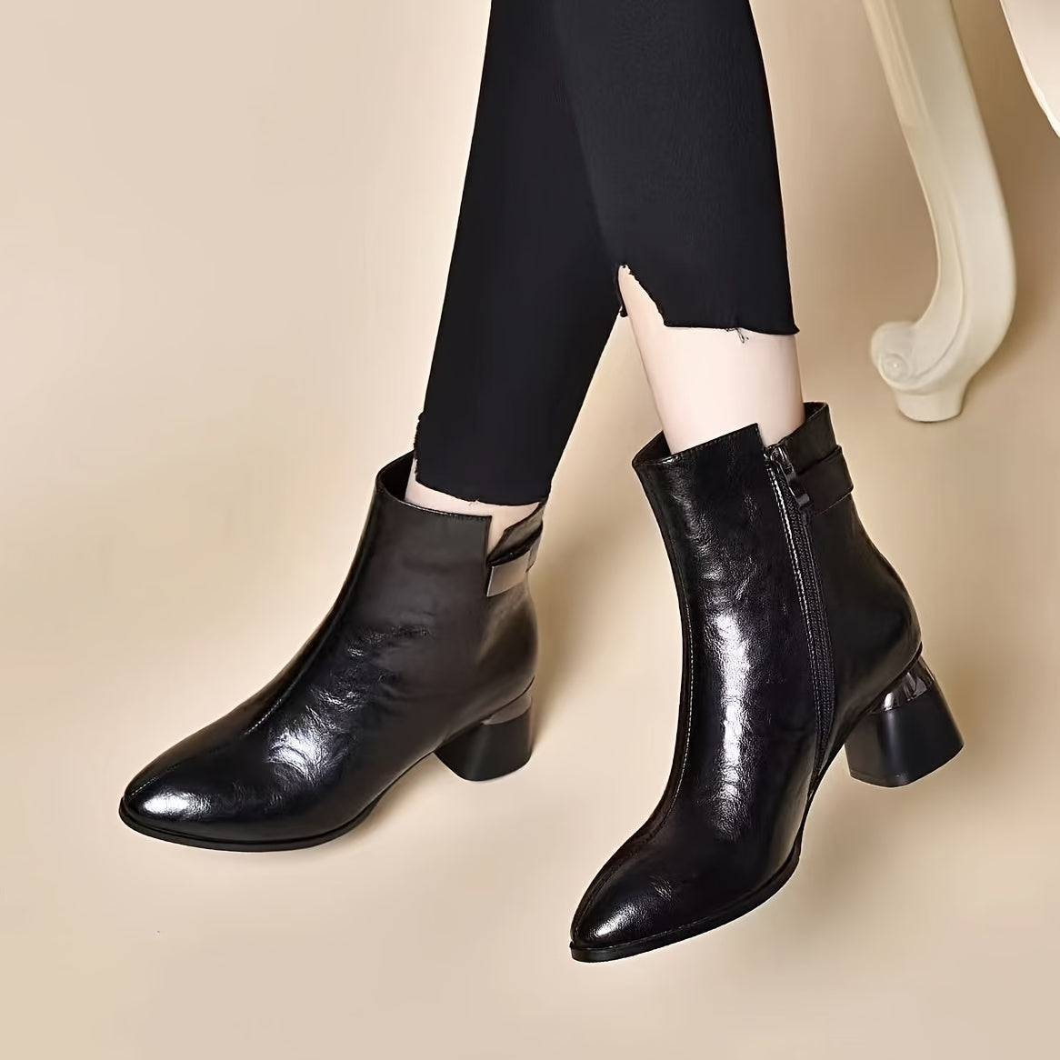 Women's Ankle Boots with Chunky Heel Faux Leather Pointed Toe Side Zipper Rubber Sole