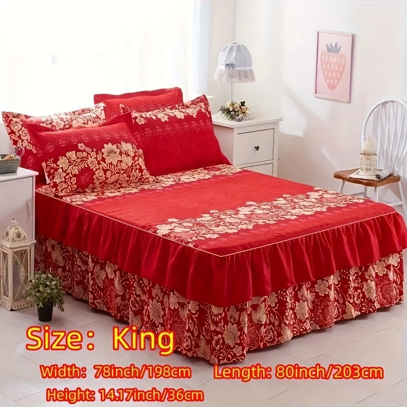 Three-Piece Macrame Bed Skirt Set with Flower Print Non-Slip Bedding for All Seasons