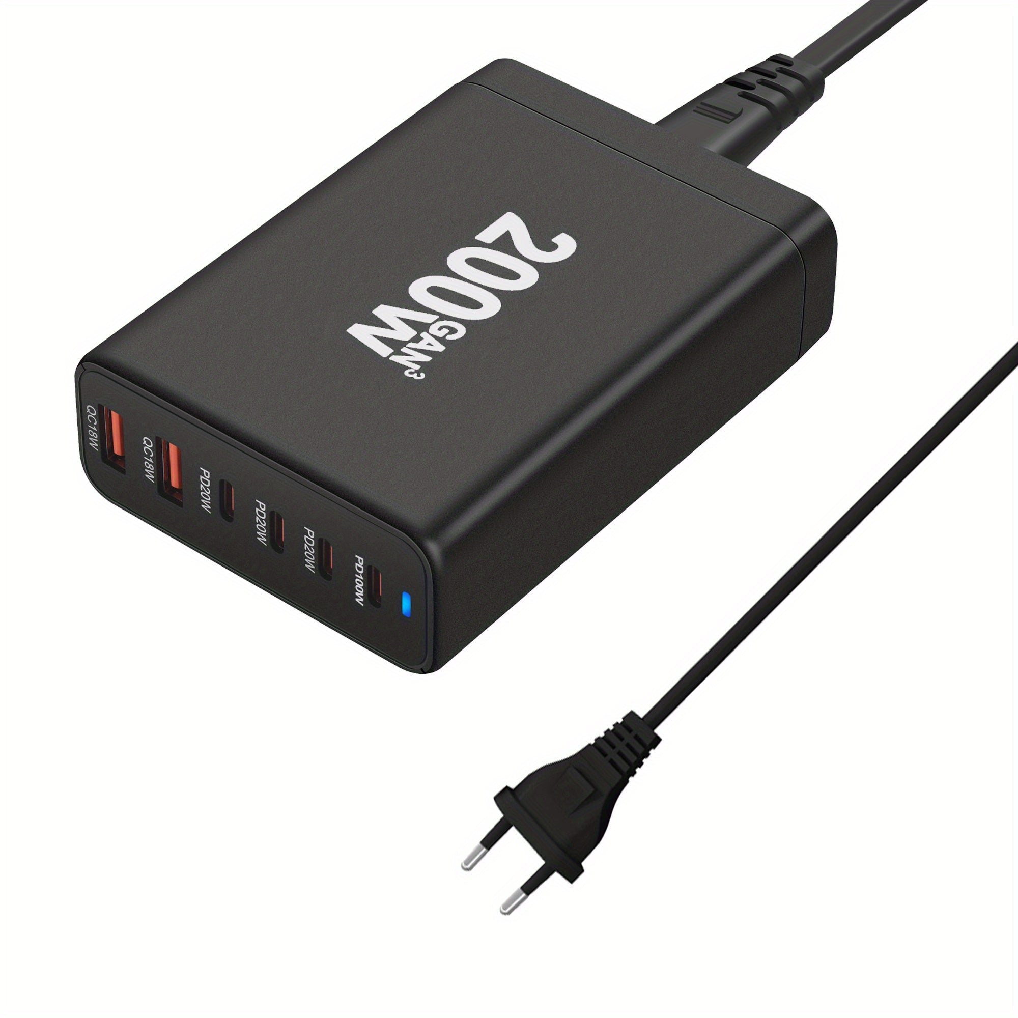 Cargador USB GaN de 200W, adaptador de pared de carga rápida de 6 puertos, negro