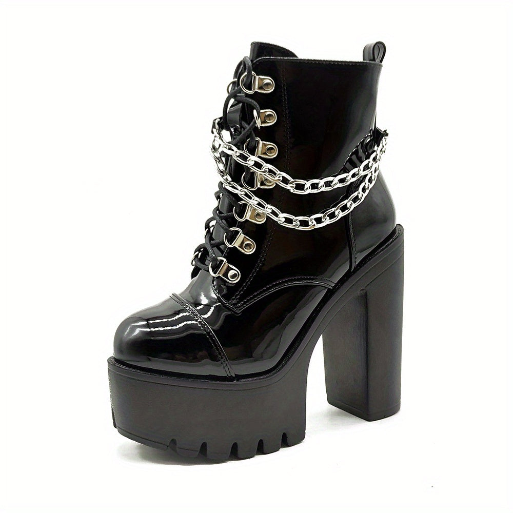 Women Black Gothic Ankle Boots High Heels Lace-Up Chain Decor