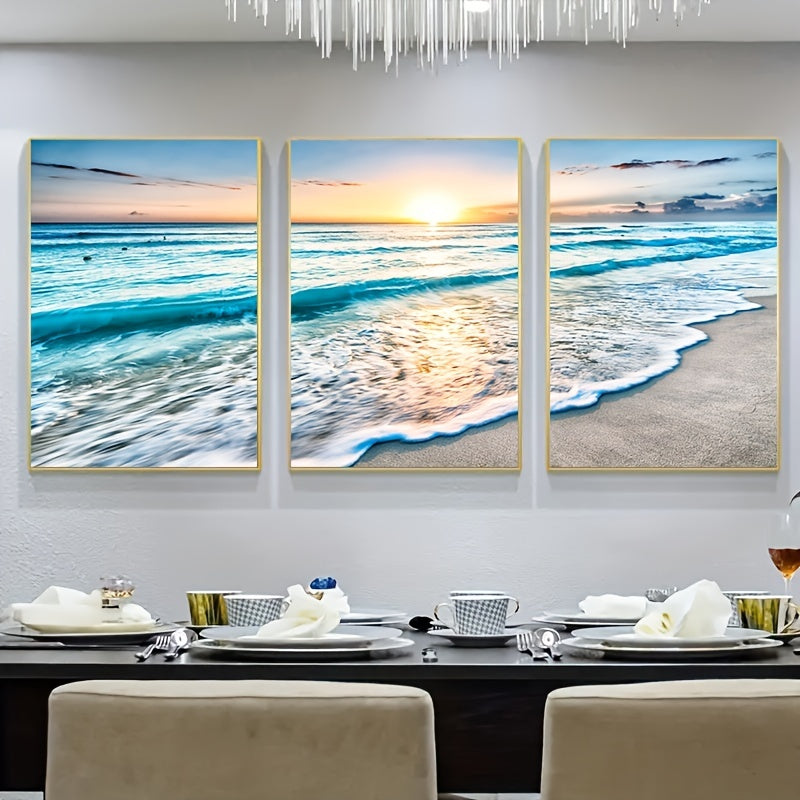 Modern Wave Beach Sunset Canvas Wall Art Set 3 Pieces Frameless Portrait Indoor Decor