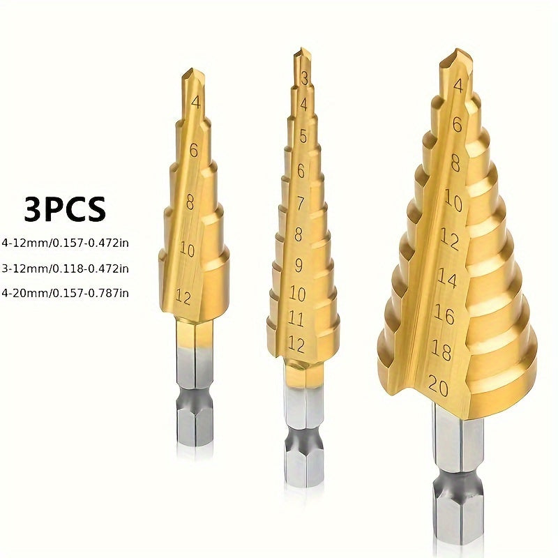 HSS Step Drill Bits Titanium Coated for Wood and Metal Precision Drilling Set of 3