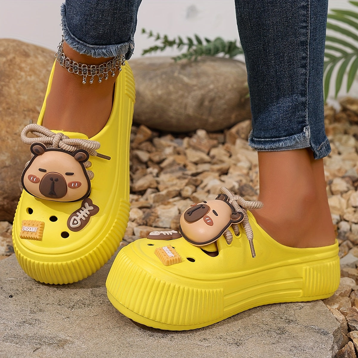 Women's Summer White EVA Clogs with Bear Charm and Thick Sole