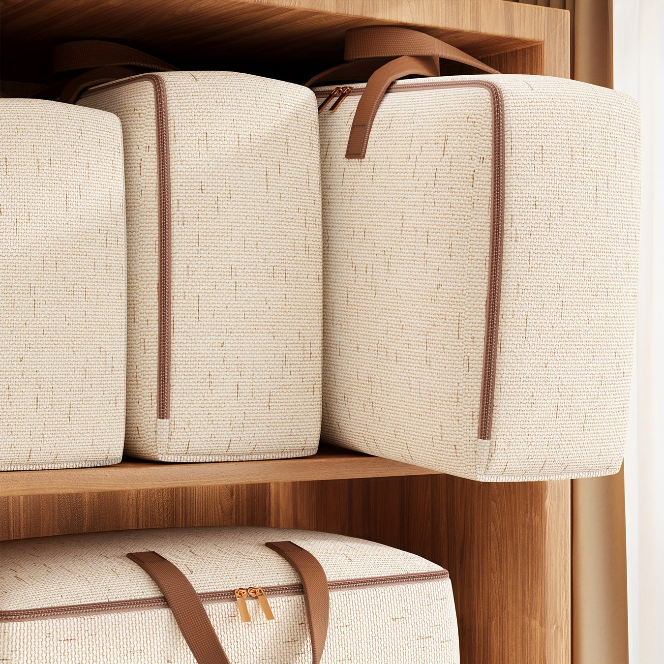 Gran bolsa de almacenamiento beige con asas y cremallera para ropa de cama y almohadas