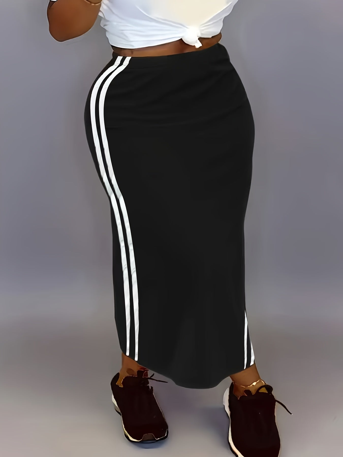 Women's Plus Size Black White Striped High-Waist Midi Skirt Polyester Stretchable