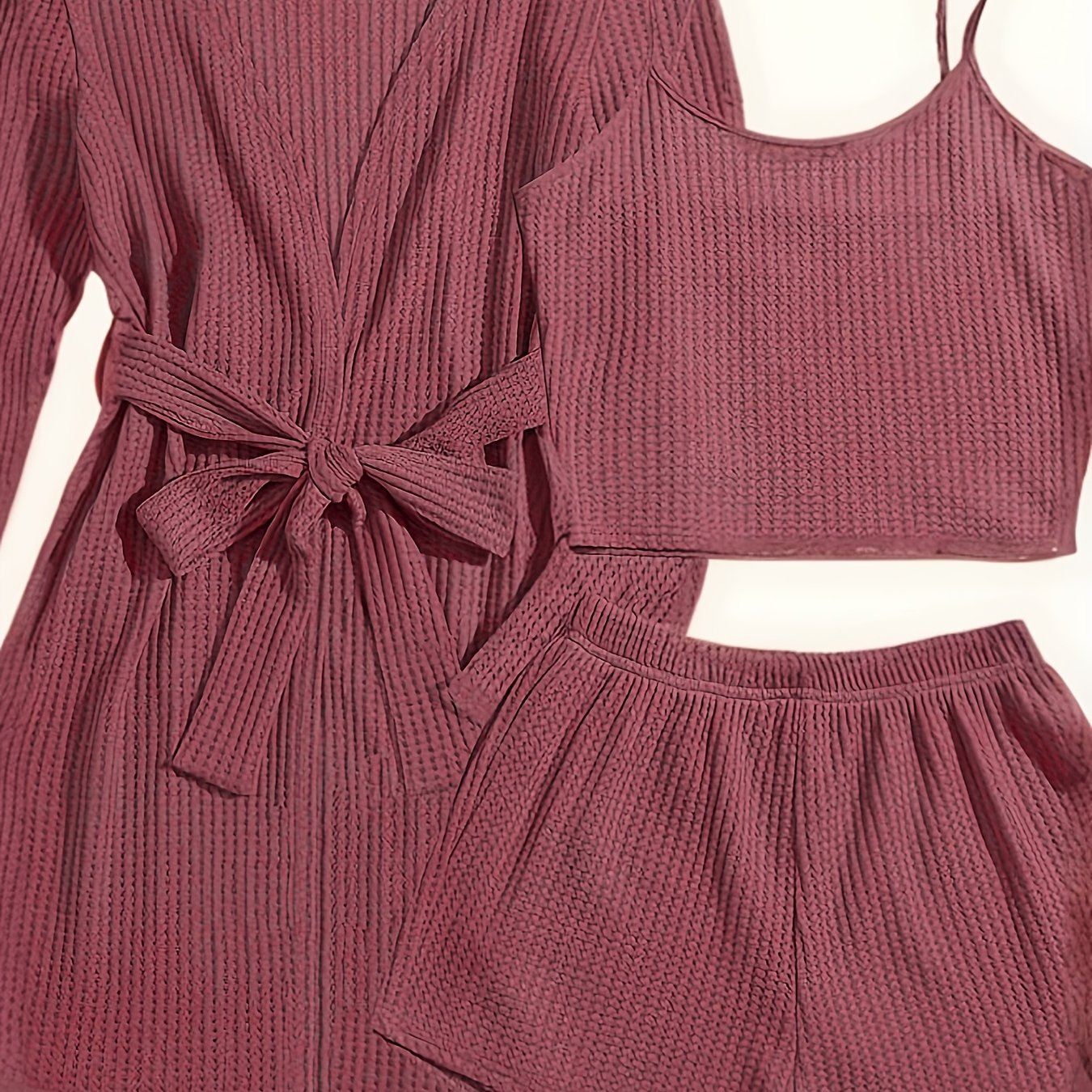 Women's Waffle Lounge Set with Robe, Crop Top, Shorts for Summer Home Wear