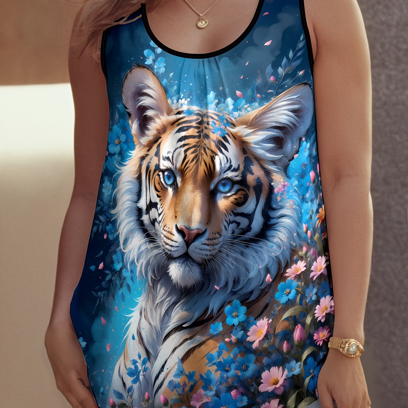 Women's Plus Size Tiger Print Tank Top Sleeveless Summer Casual Crew Neck