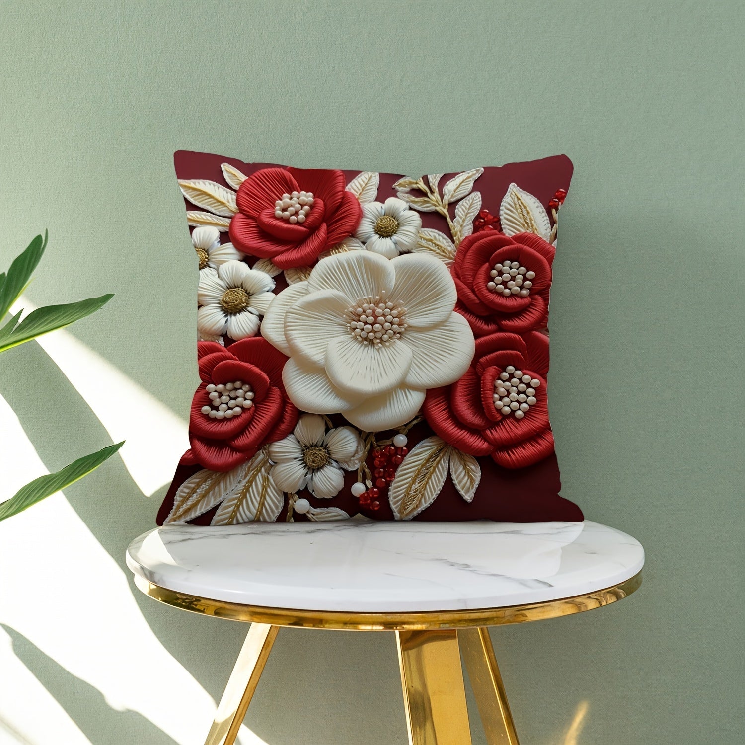 3D Floral Print Plush Throw Pillow Cover Red White 44.96cm x 44.96cm Zip Closure