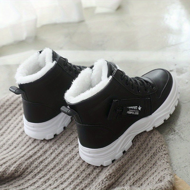 Women's High-Top Winter Boots Faux Fur Lined Waterproof Lace-Up White