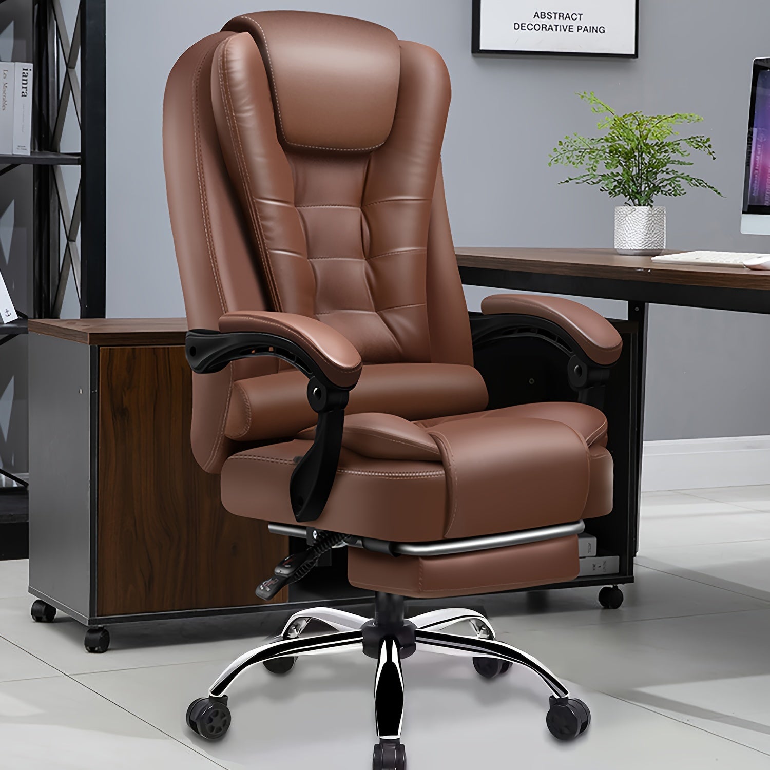 Adjustable Executive Office Chair with Ergonomic Design Cushioned Armrests Wooden Base