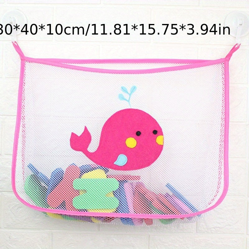 Bathroom Toy Organizer Mesh Storage Bag with Hooks for Wall Mounting on Glass and Tile Surfaces