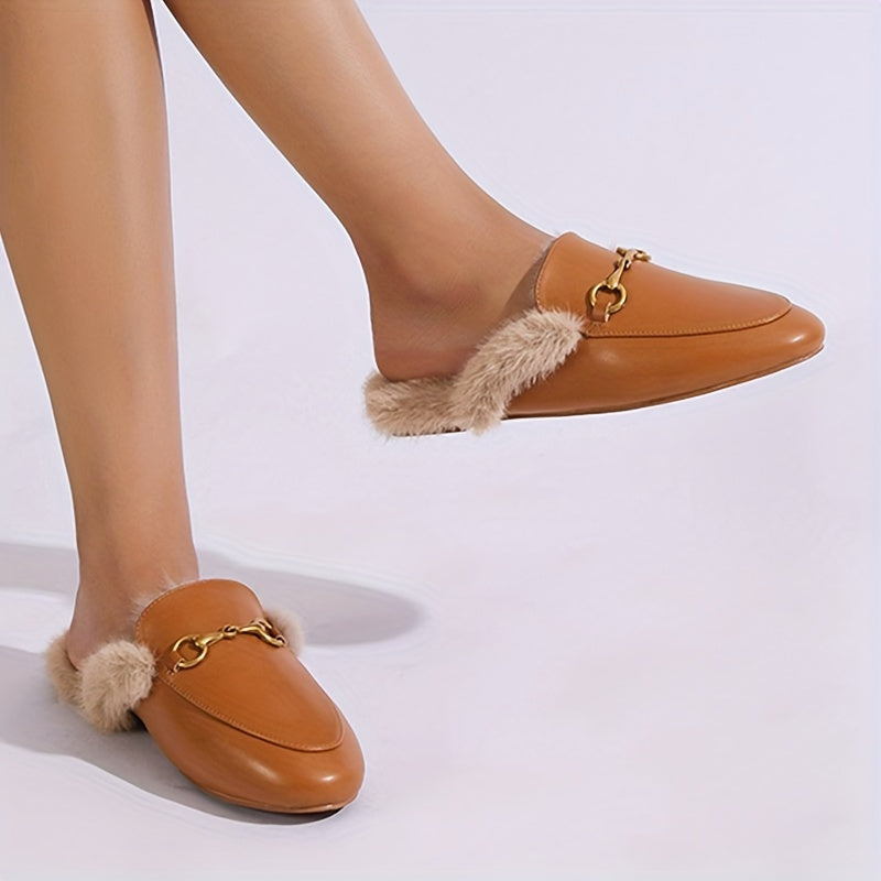 Women's Fluffy Plush Flats with Metallic Buckle Winter Warm Fleece Shoes