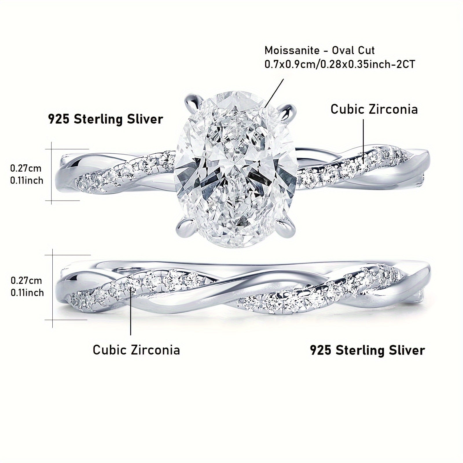 Women's Silver Engagement and Wedding Rings Set with Moissanite Oval 7x9mm 2 Carat