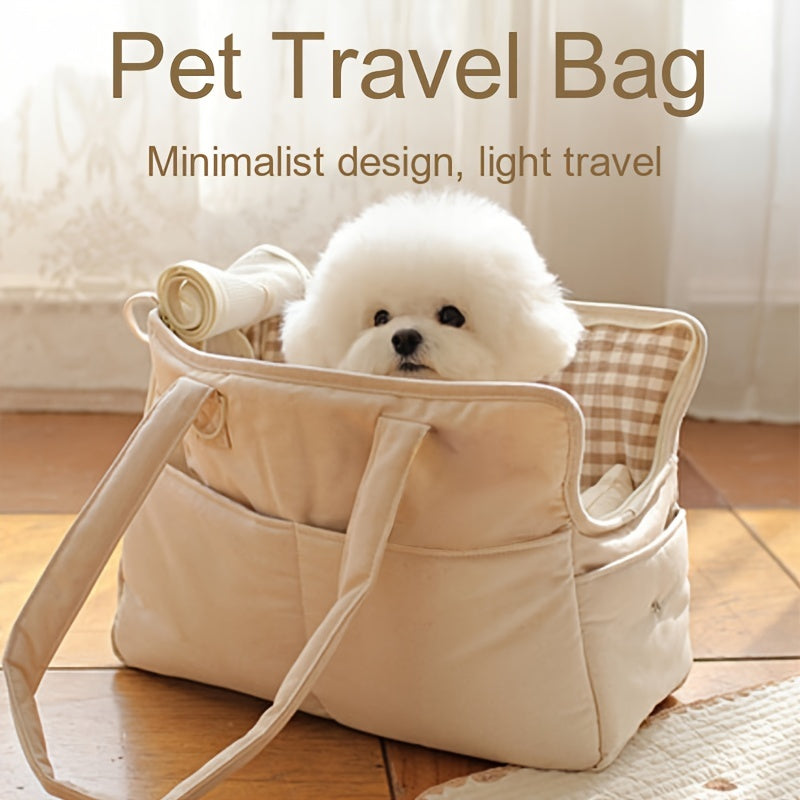 Bolsa de viaje portátil para mascotas para perros y gatos pequeños Ligera, transpirable, de poliéster beige con interior a cuadros