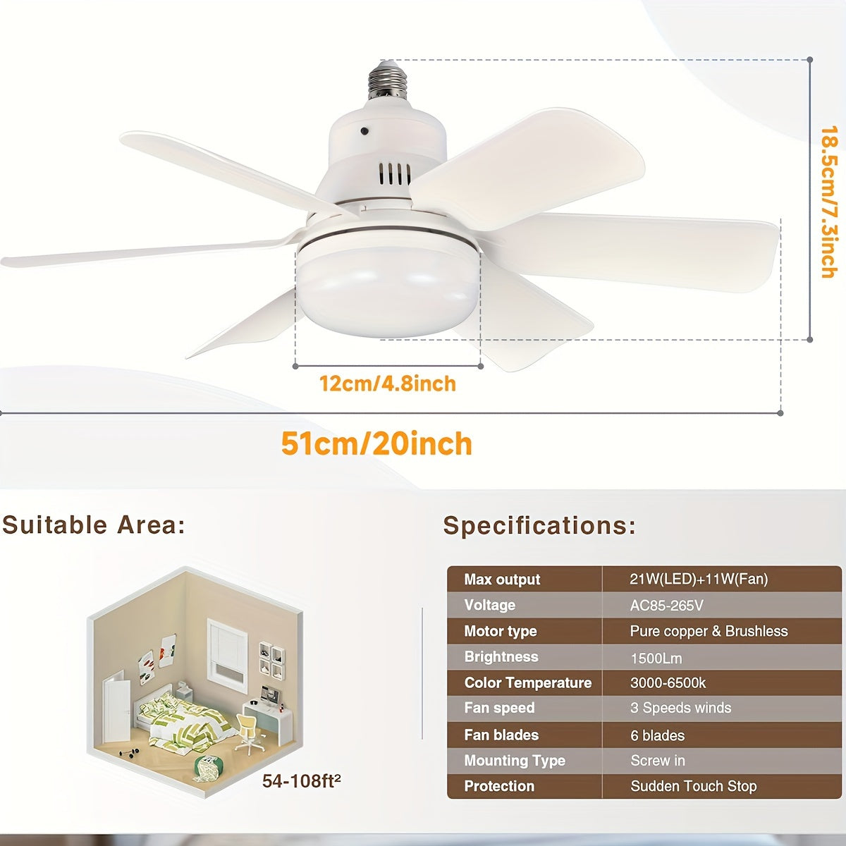 Modern Square Blade Ceiling Fan with LED Light Dimmable Remote 2000 Lumens