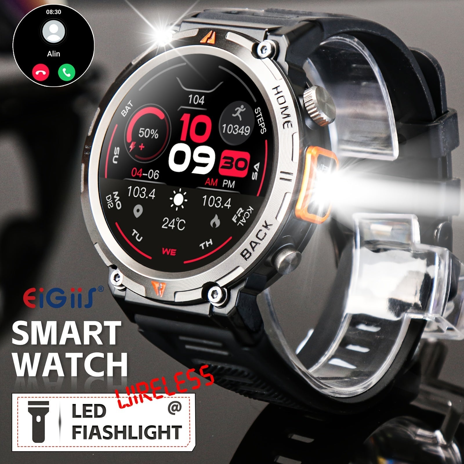Men's Smartwatch with HD Touch Display LED Flashlight Fitness Tracker Pedometer for iPhone Android