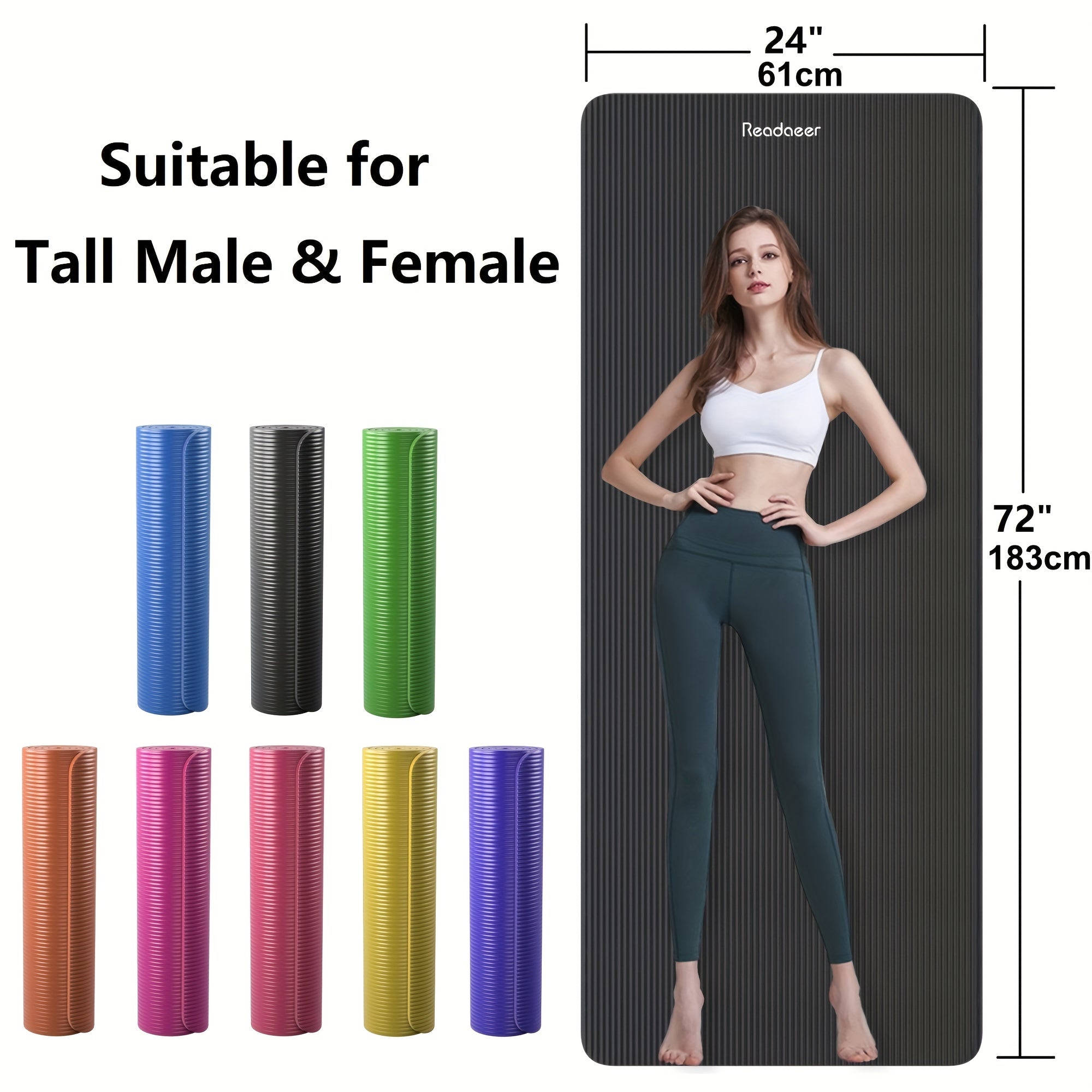 Thick Non-Slip Rubber Yoga Mat 182.88x60.96cm Solid Color with Carrying Strap