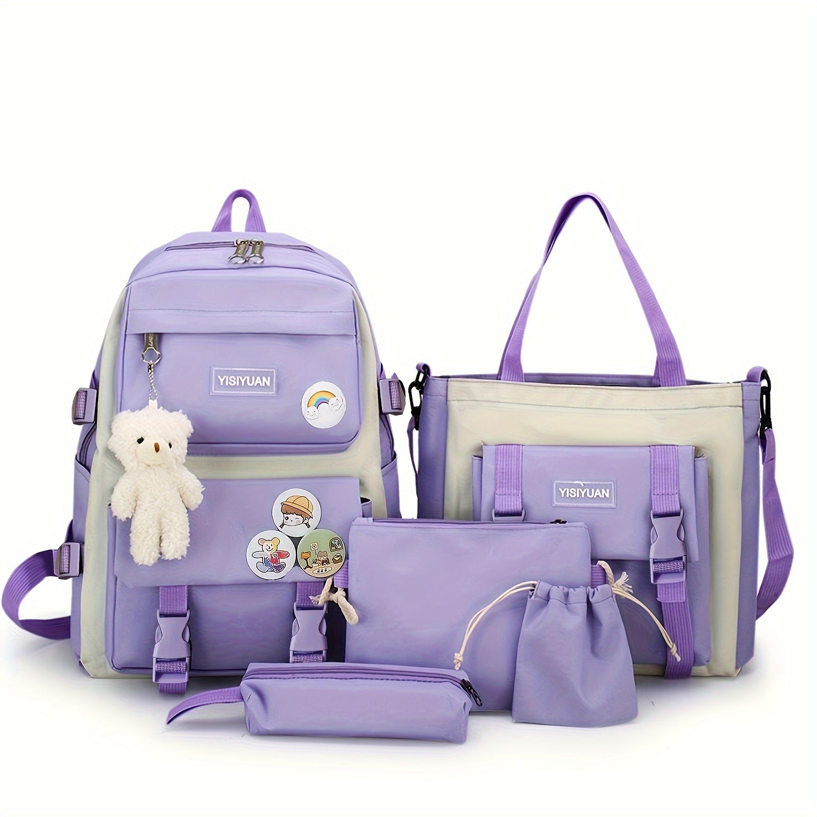 Women's Oxford Fabric Campus Backpack Set with Badge Pendant in Multiple Colors