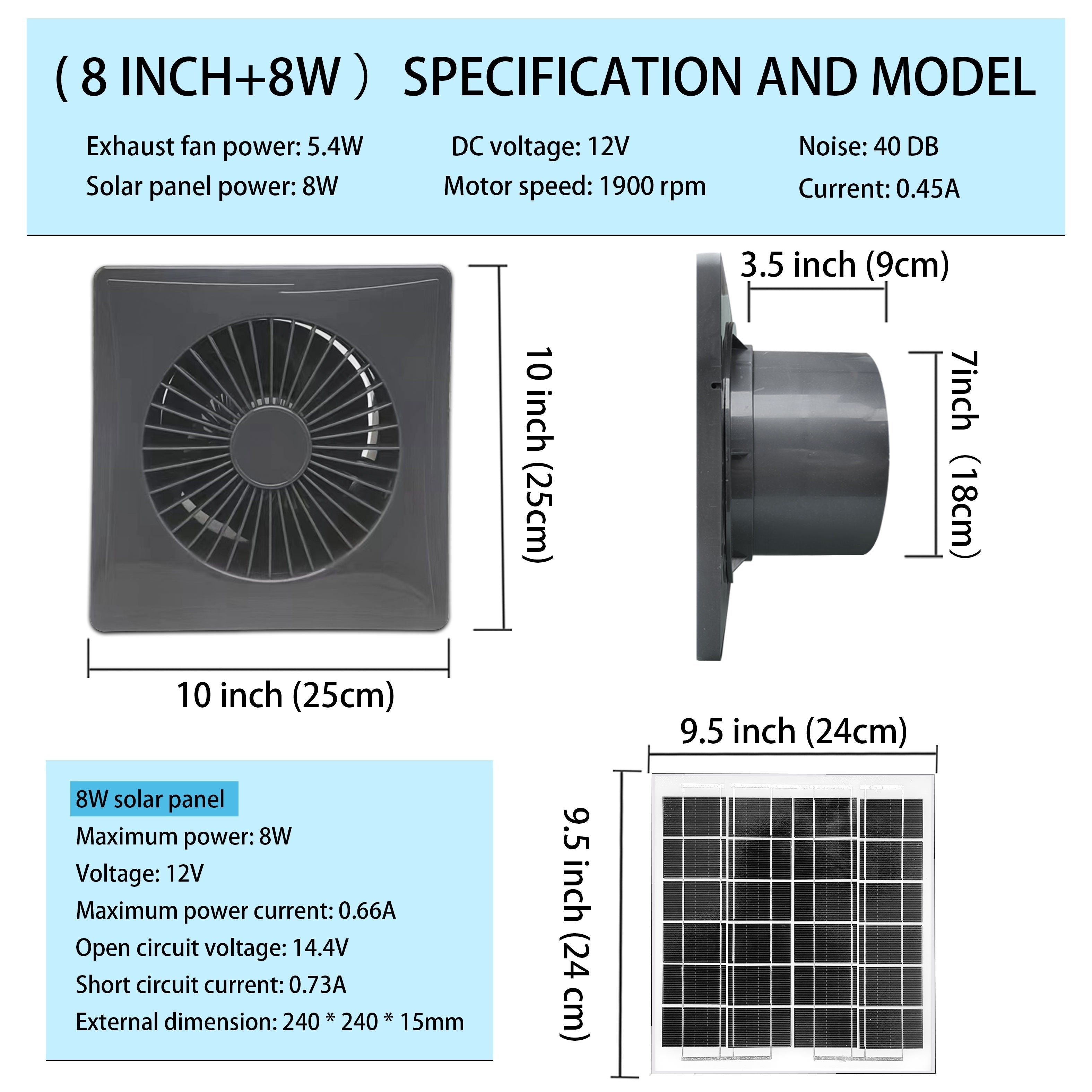 Quyosh energiyali ventilyatsiya fanlari tovuq uyi issiqxona uchun 17W 8W 6W