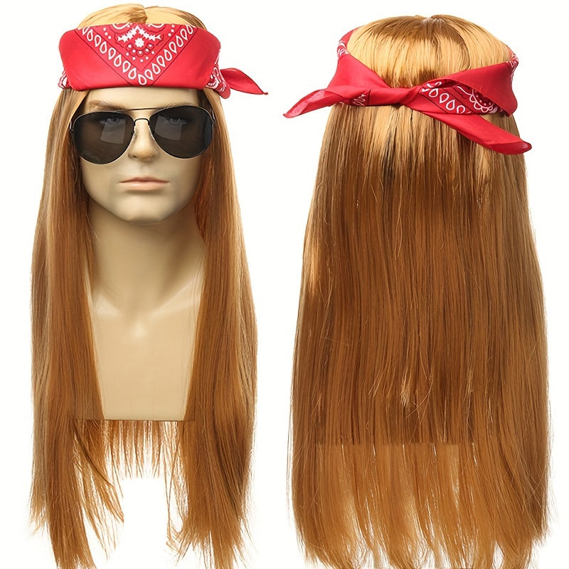 Punk Costume Wig with Straight Fiber Hair, Bandana, Glasses, Tattoo Sleeves