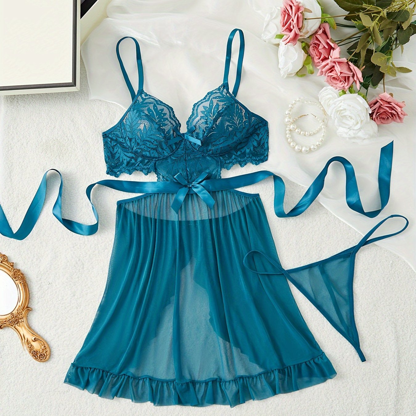 Red Lace Bow Tie Lingerie Set with Matching Thong in Burgundy