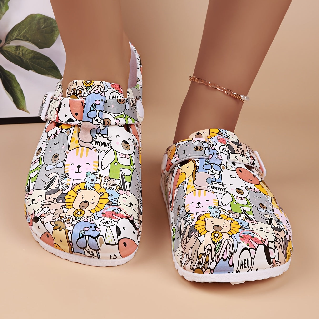 Women's EVA Animal Print Mules Clogs Flat Heel Non-Slip Easy Clean