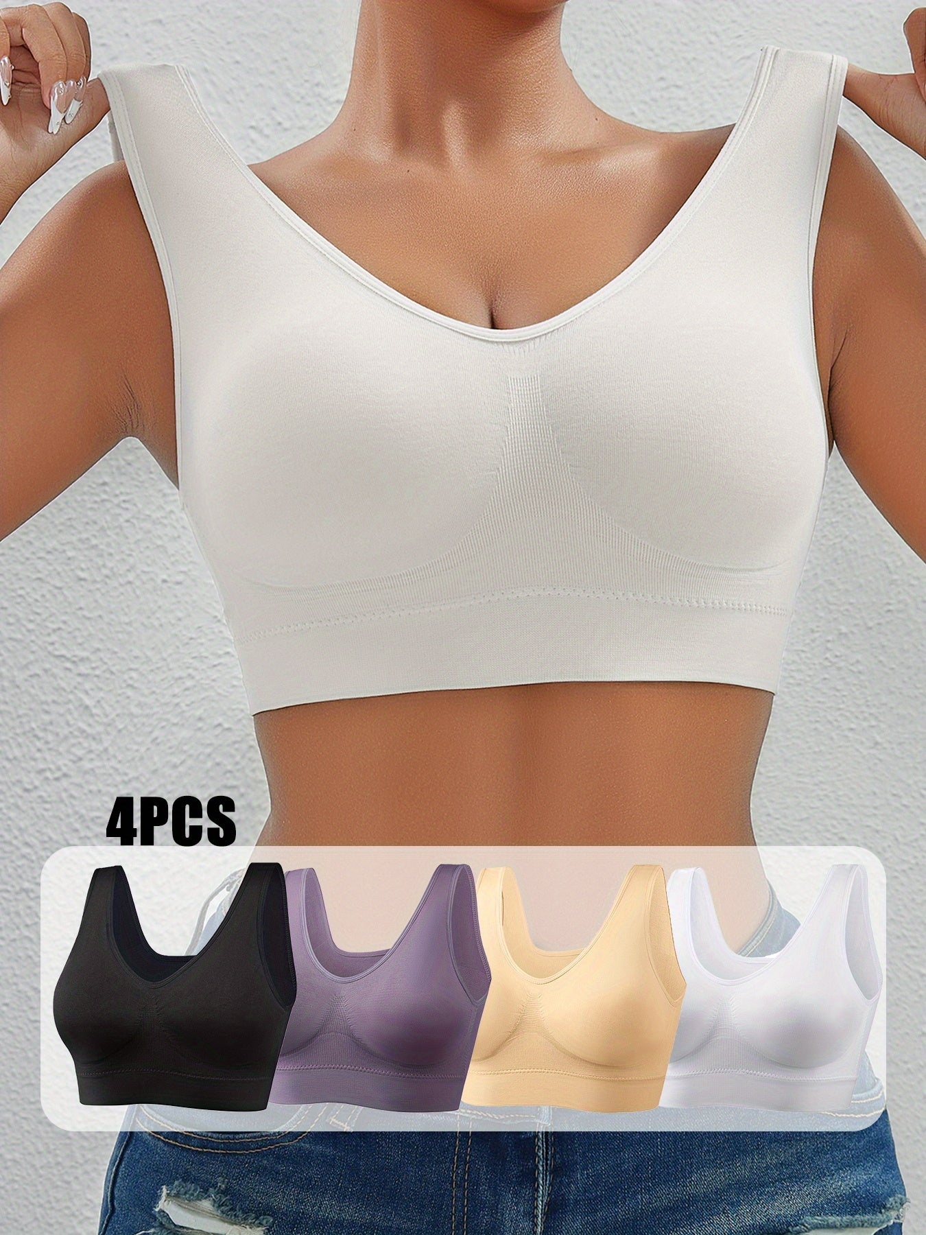 Plus-Size Wireless Sports Bra Seamless Push-Up Yoga Running Compression Black Purple Beige White