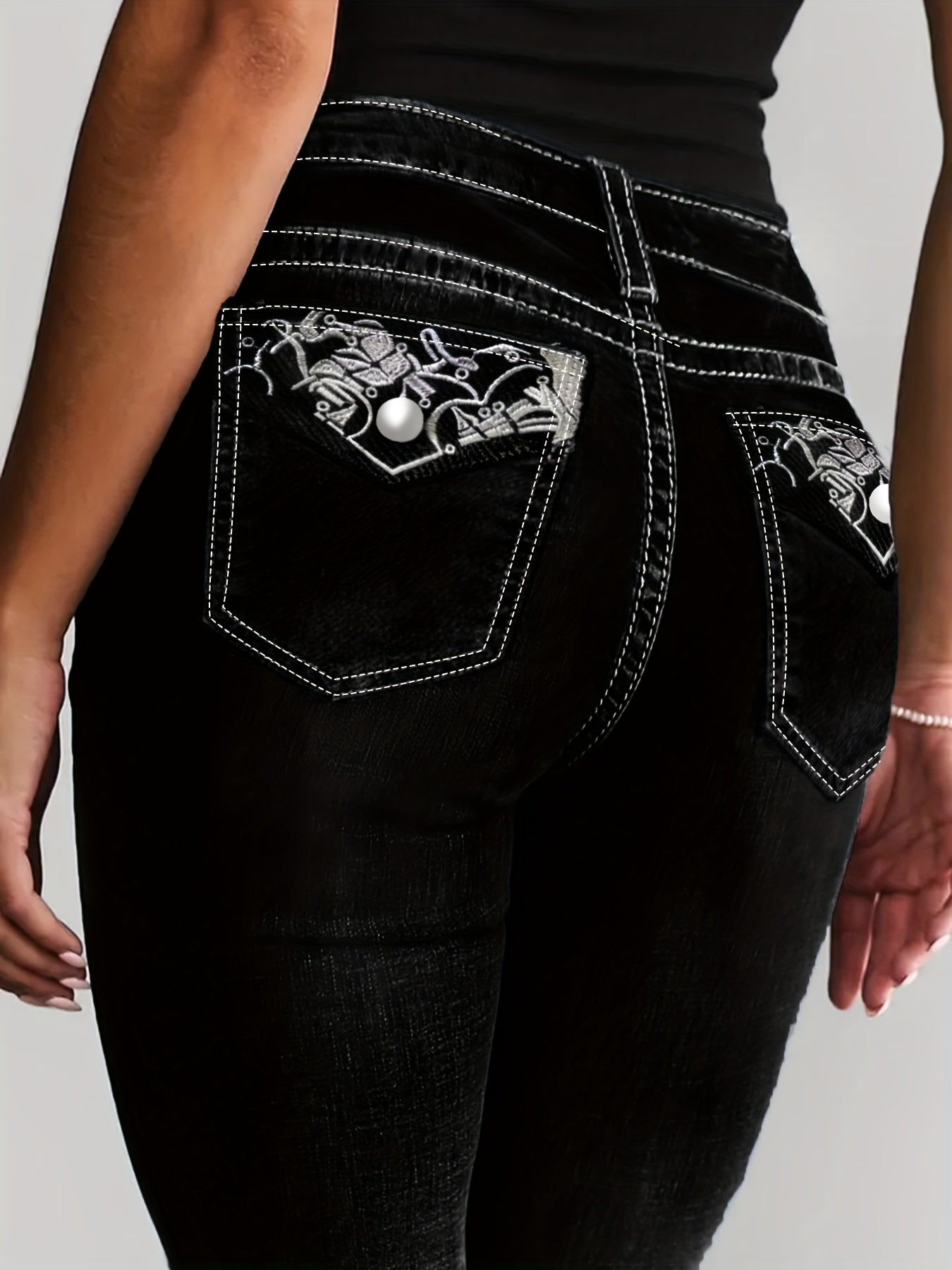 Women High-Waisted Embroidered Flare Jeans Stretch Denim All-Season Plus Size