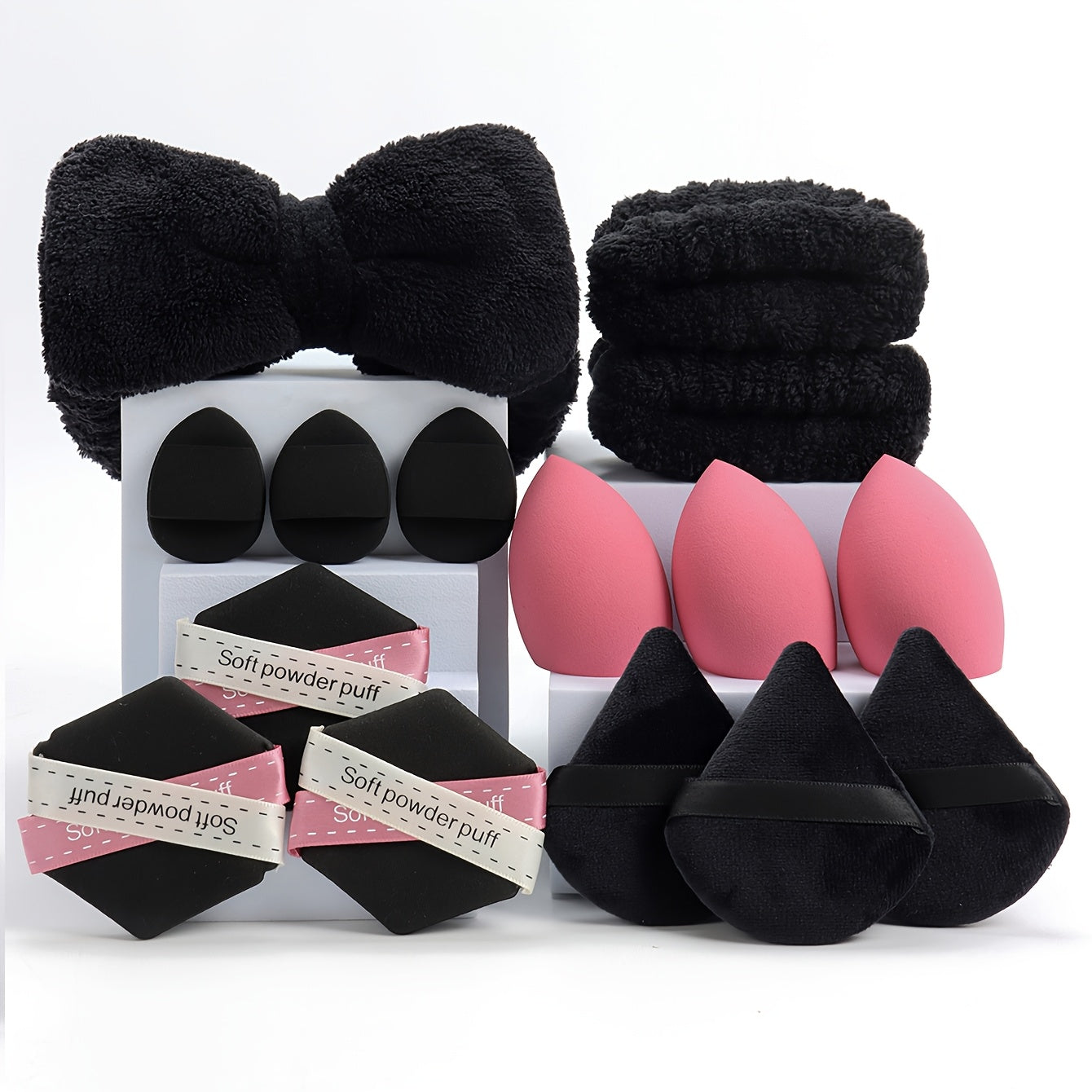 15-ta bo'lakli makiyaj asboblari to'plami, gubkalar, puflar, yuz yuvish gubkalari va aksessuarlar bilan