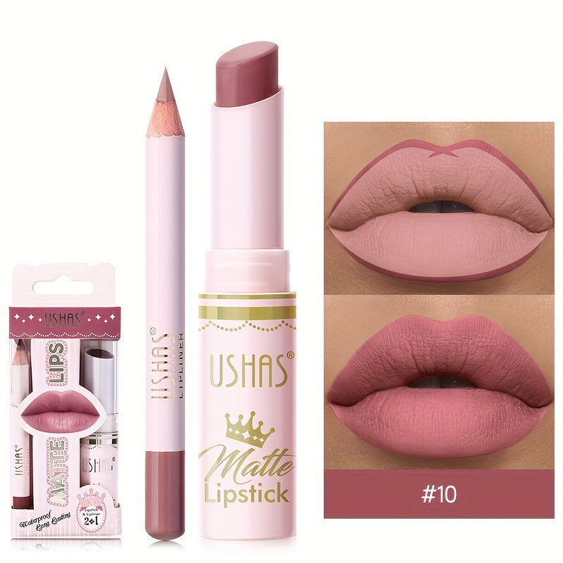 Set de lápiz labial mate y perfilador de labios para mujer, a prueba de agua, tono nude, con alto pigmento
