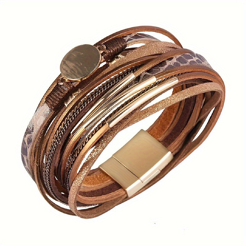 Women's Boho Leather Wrap Bracelet with Synthetic Stones and Gold-Tone Accents