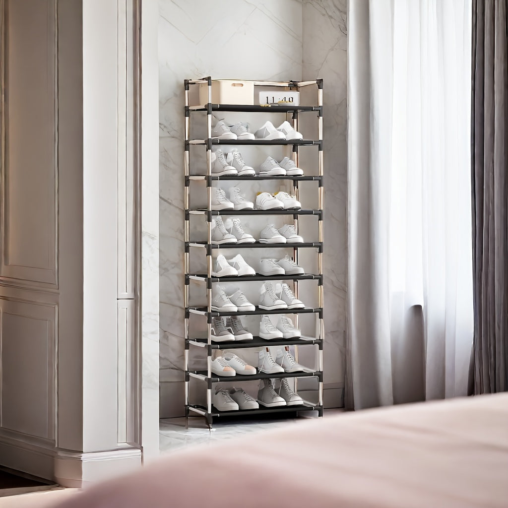 10 qatlamli joyni tejaydigan va amaliy uy poyabzal tokchasi.