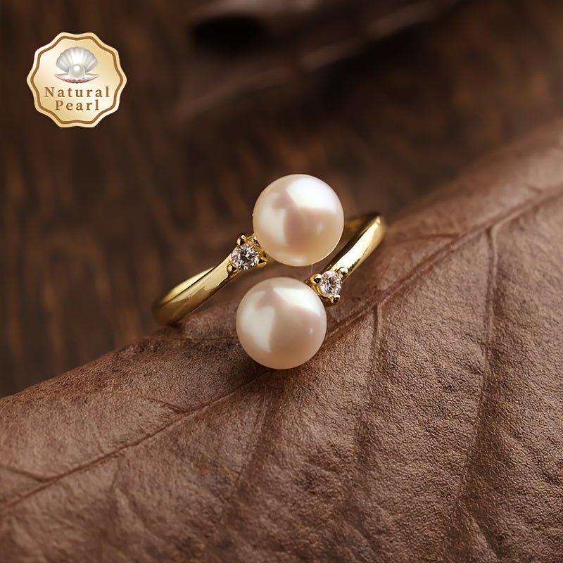 Women's Pearl Ring with Two 6-7mm Freshwater Pearls Open Design Jewelry