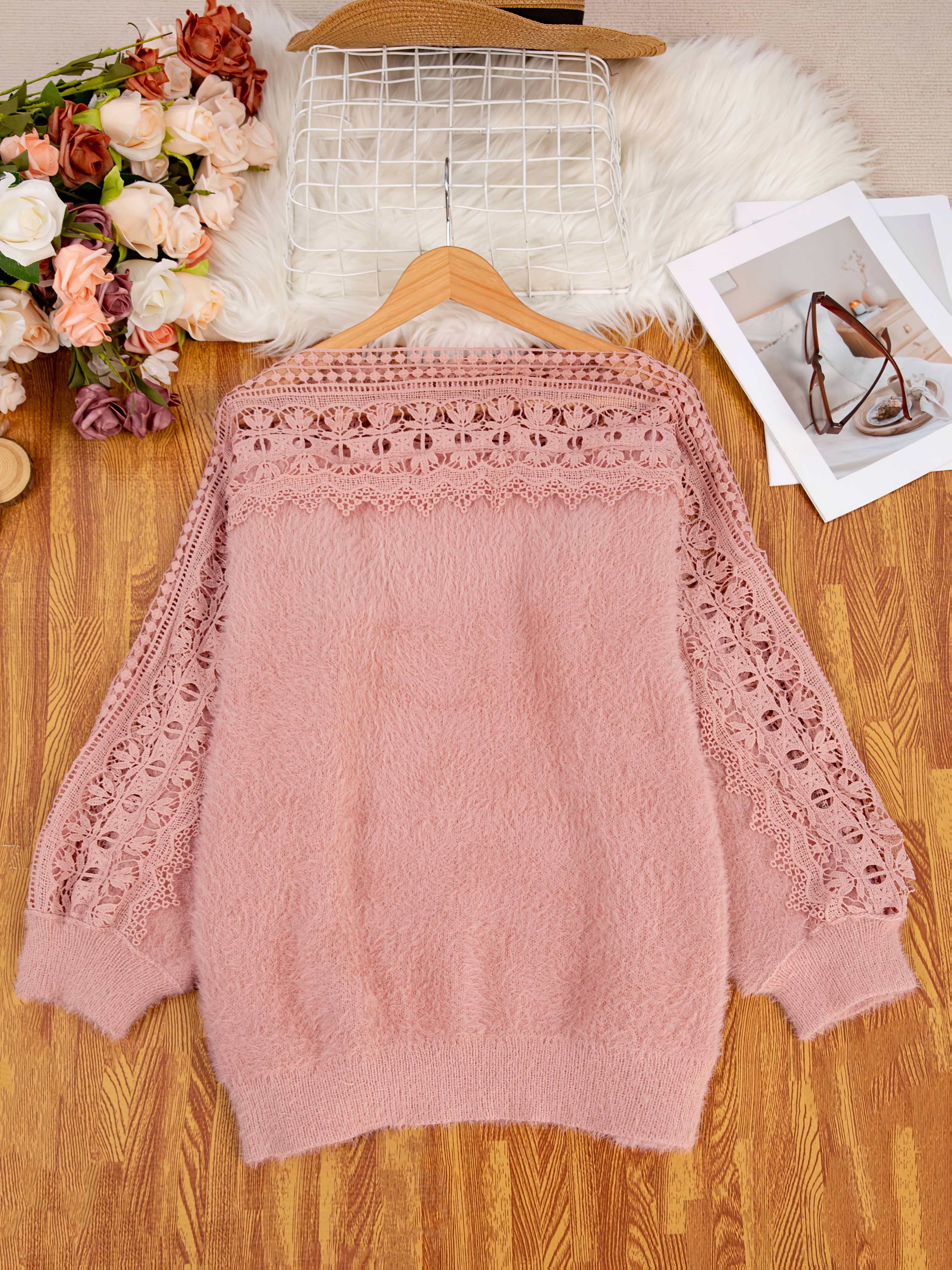 Женский свитер большого размера с кружевной отделкой, с длинным рукавом, пуловер, весна-осень, повседневный