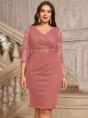 Vestido ajustado de encaje floral con escote en V para mujer de tallas grandes, ropa de cóctel y noche