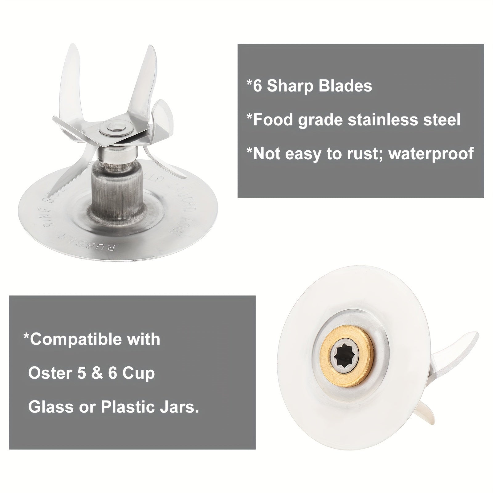 ePathChina muz maydalagich qo'shimchasi Oster 5 va 6 stakanli aralashtirgichlar uchun 6 ta o'tkir pichoqdan iborat bo'lib, metall va plastikdan tayyorlangan.