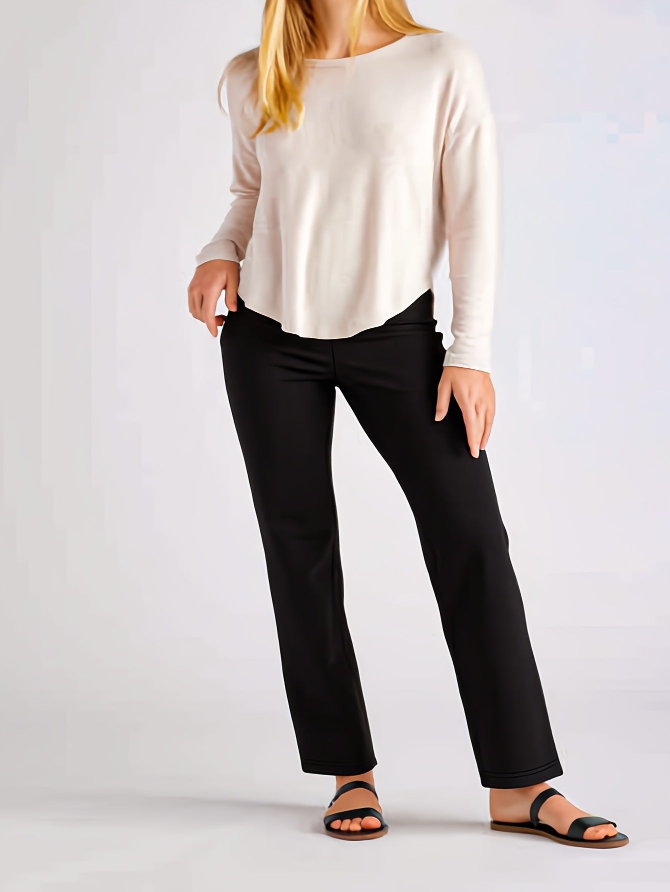 Women's Plus Size Stretch Straight Leg Pants Mid-Stretch Solid Color Trousers