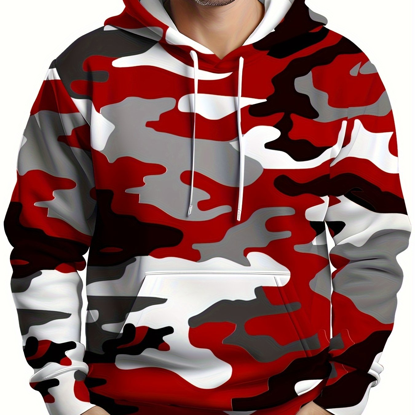 Men's Plus Size Camo Hoodie with Kangaroo Pocket Stretch Fabric Casual Sportswear