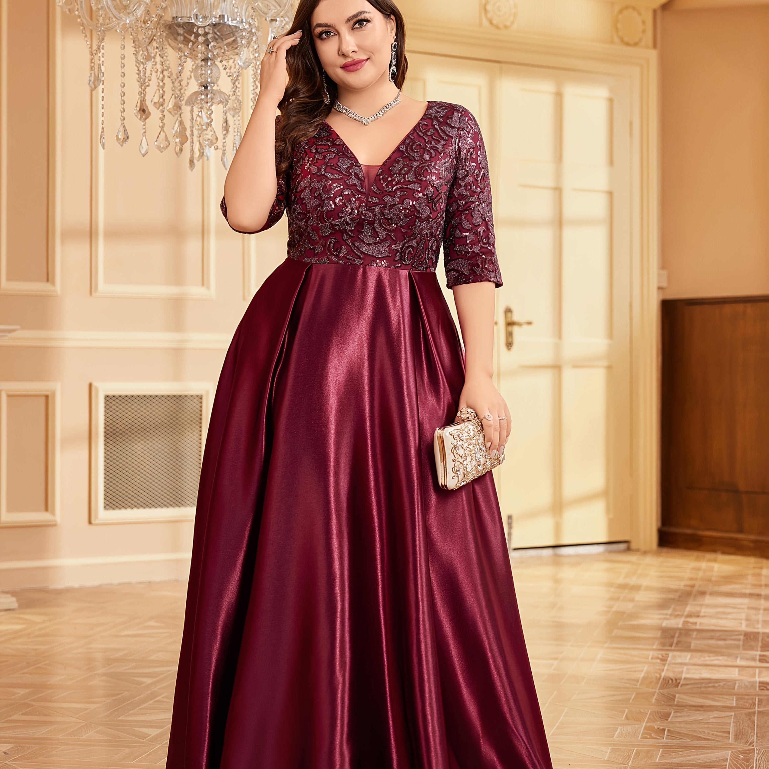 Women Long Dress Solid Color Mid-Sleeve Sequin Party Evening Gown