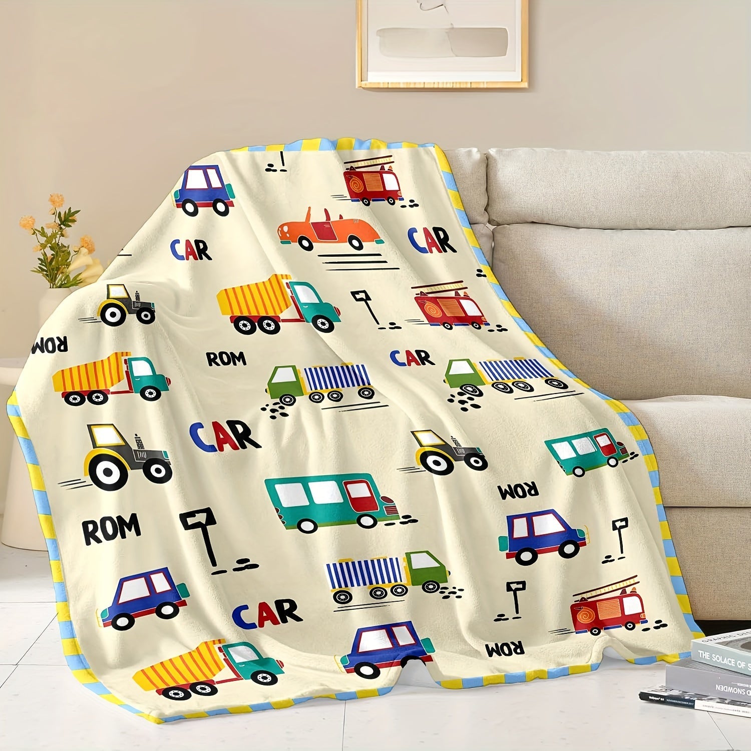 Kids Cartoon Car and Truck Print Flannel Wearable Blanket Soft Warm Tear-Resistant