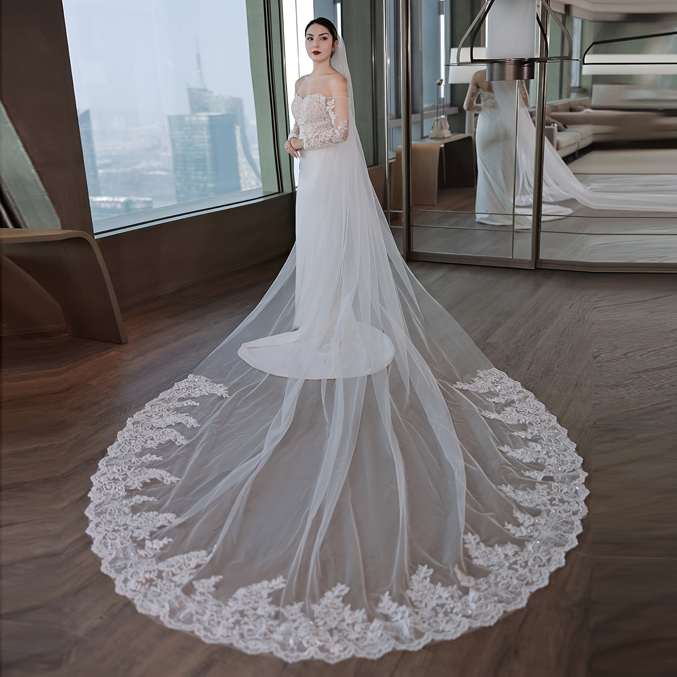 Velo de encaje para novia con cola larga, accesorio de boda estilo barroco