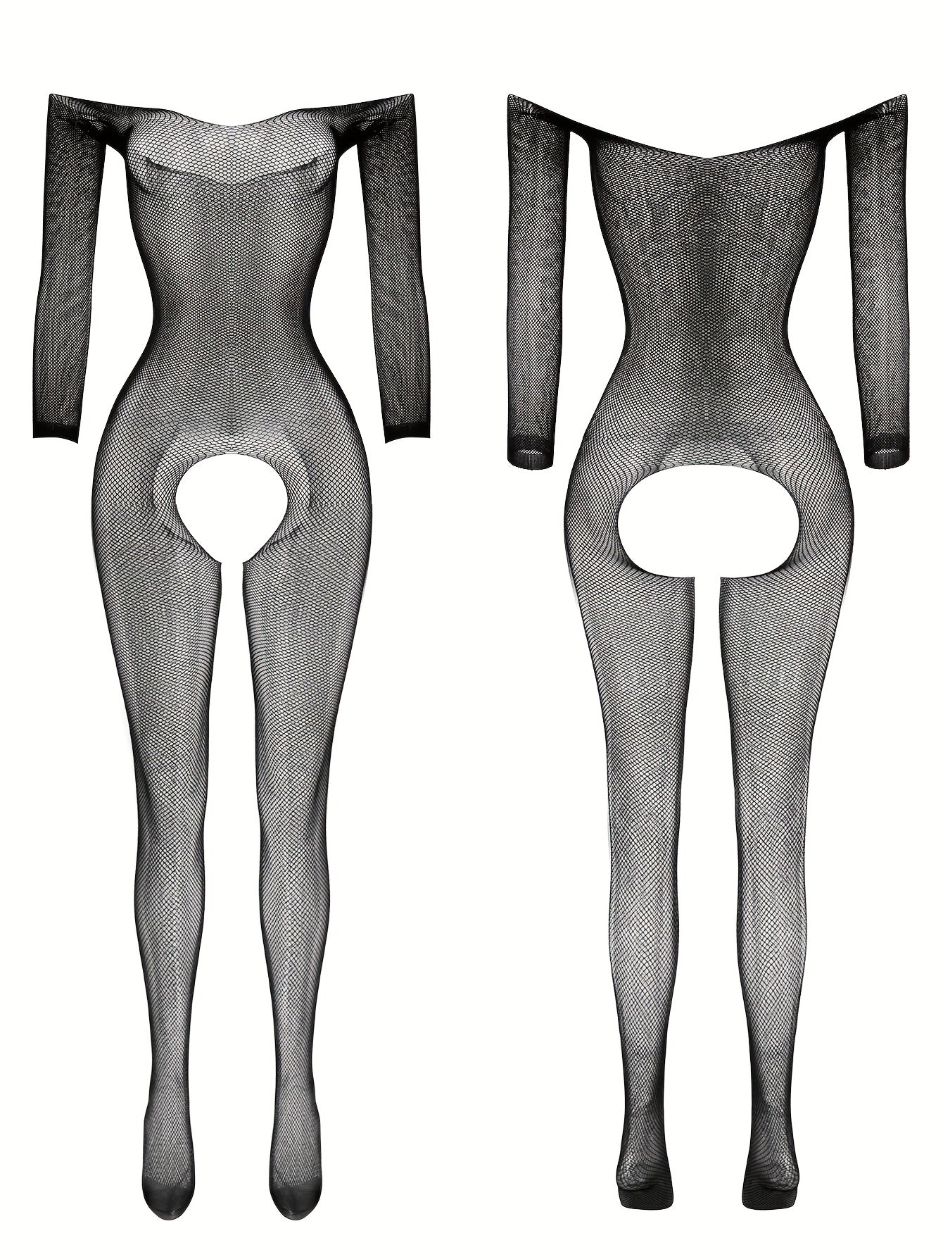 Women’s Mesh Bodysuit with Open Crotch and Long Sleeves