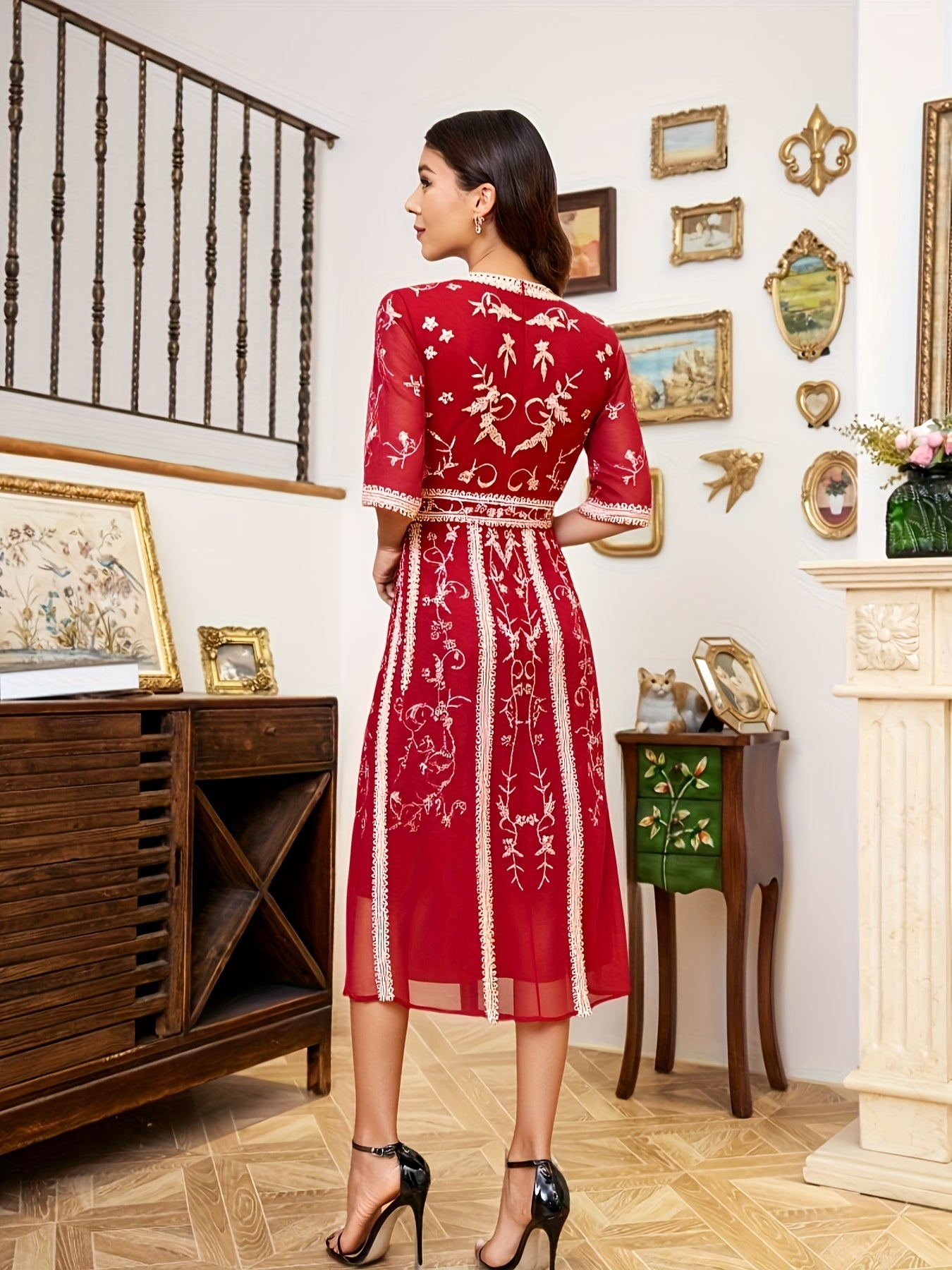 Women's Red Embroidered Sleeveless Dress with Geometric Pattern