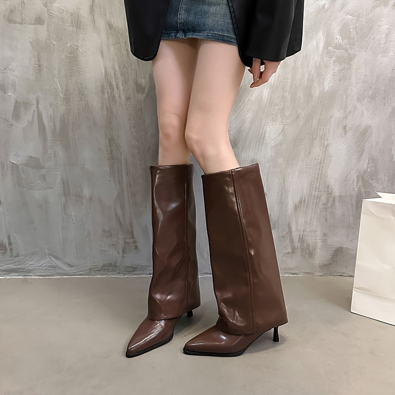 Women's Mid-Calf Stiletto Boots in Black Cream and Brown with PU Cover and Rubber Sole