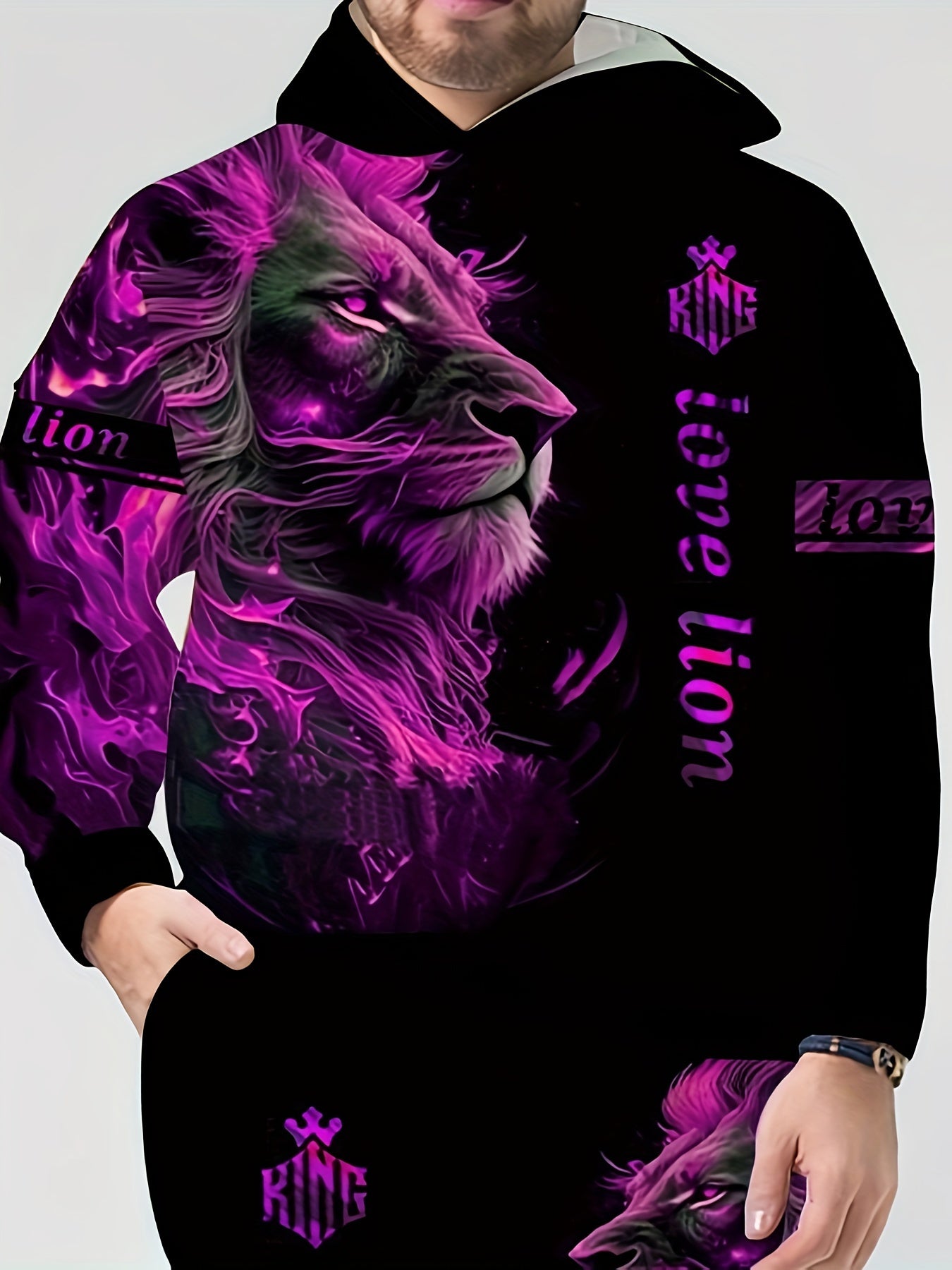 Plus Size Men's Hoodie and Sweatpants Set with Glow Lion Print for Fall Winter
