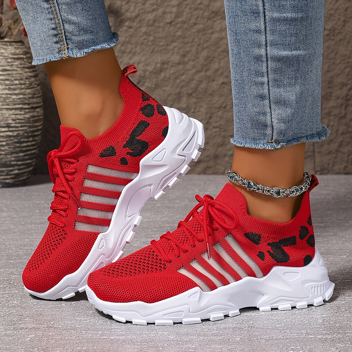 Plus Size Women's Leopard Print Breathable Mesh Sneakers for Walking and Casual Wear