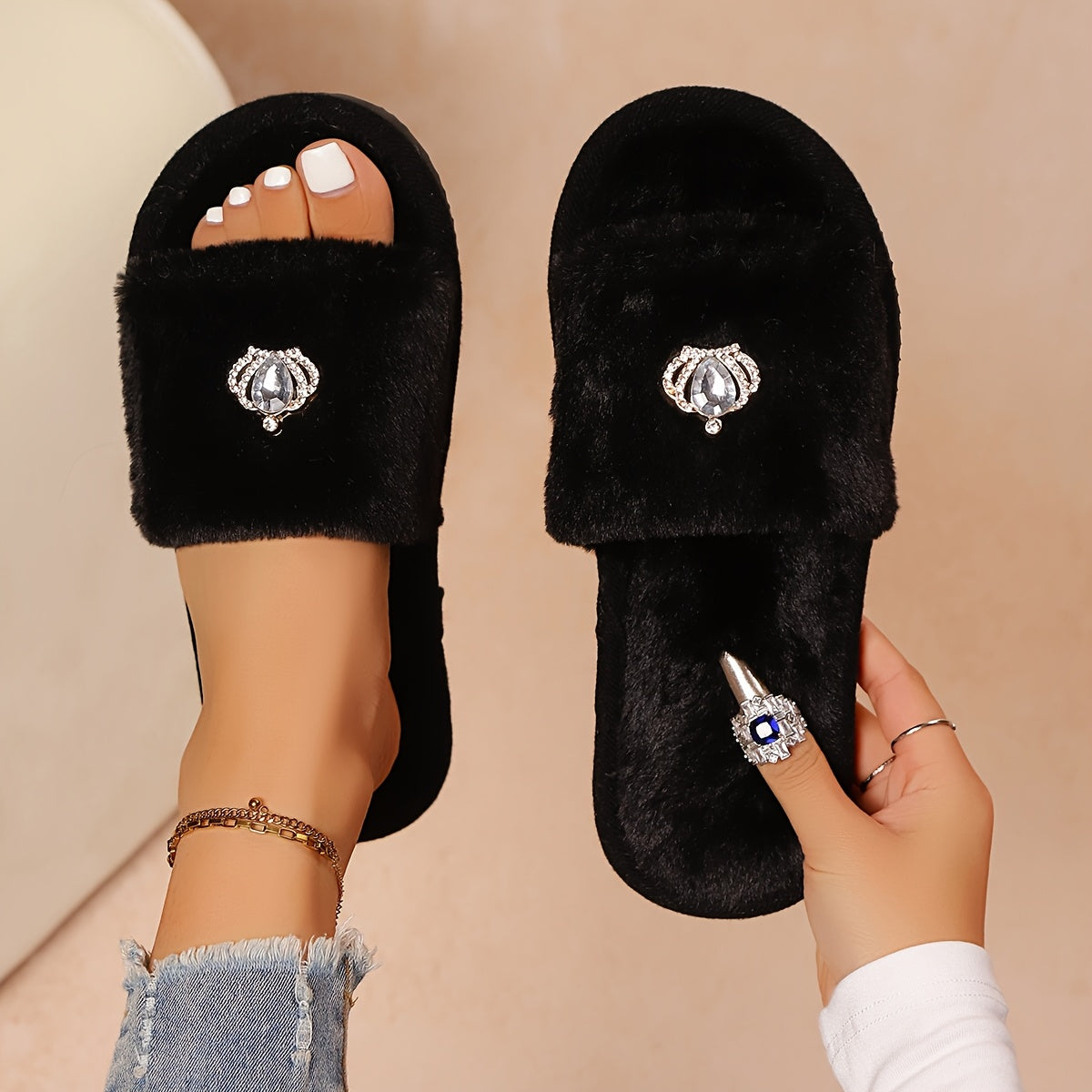 Women's Sparkling Embellished Slip-On Slippers Soft Fabric Indoor House Shoes