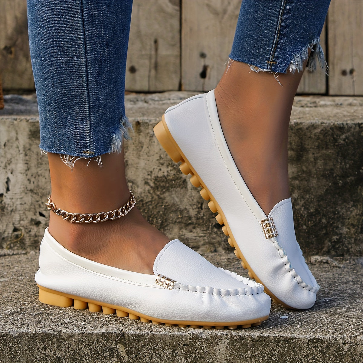 Women's Leather Round Toe Loafers Slip On Shoes Solid Comfort