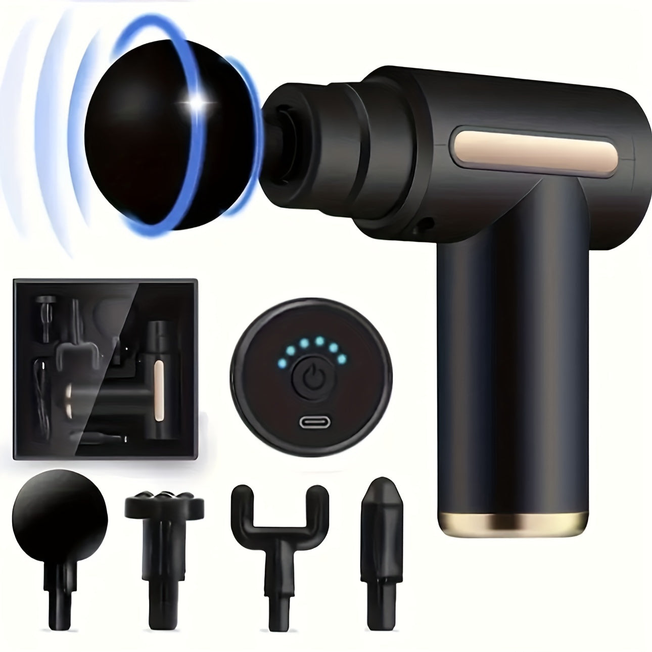 Портативный ручной массажер с 6 скоростями, перезаряжаемой литиевой батареей, USB-зарядкой, перкуссией для всего тела и 4 сменными насадками