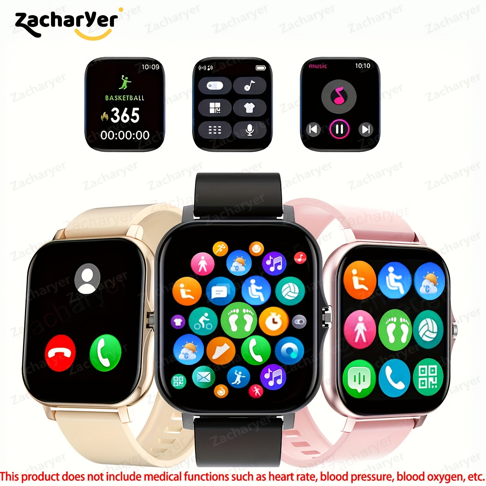 Full-Screen Touch Smartwatch with Call Alerts Sports Modes Compatible with Android and iPhone Square Silicone Band